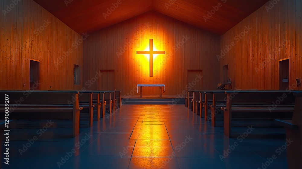 Poster light of faith a serene chapel lit by the warm glow of a cross shaped window