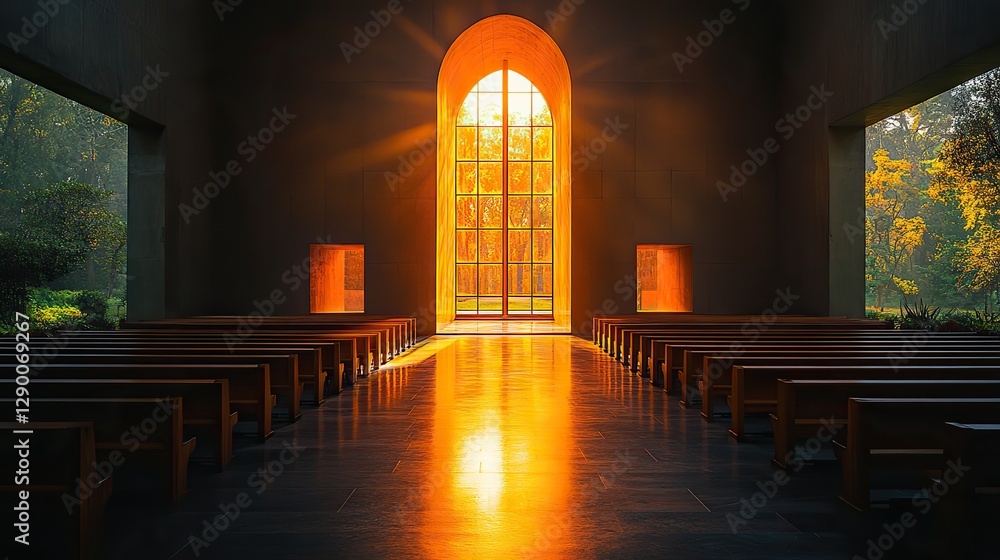 Poster light of faith a serene chapel lit by the warm glow of a cross shaped window