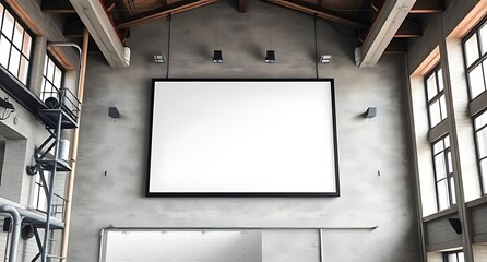 Modern Industrial Loft Interior with a Blank White Screen: A High-Resolution Image of a Large Empty Billboard or Projector Screen Mounted on a Concrete Wall with Exposed Beams and Large Windows