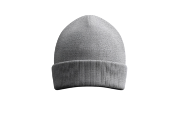 Gray knit hat is sitting on a white background, isolated