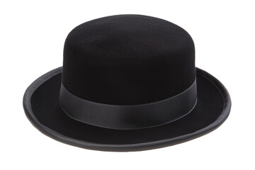 Black hat with a black ribbon around the top, isolated