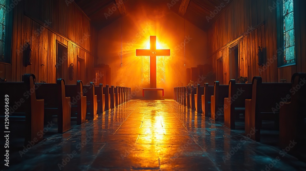 Aufkleber light of faith warm light streams through a cross shaped window in a tranquil chapel