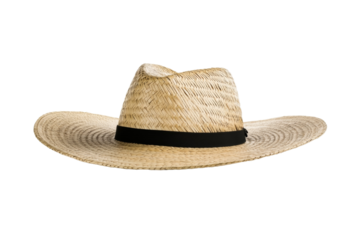 Straw hat with a black band sits on a white background, isolated