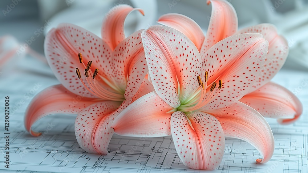 Aufkleber lillies flower design on a white background with architectural blueprint elements symbolizing growth and innovation in technology engineering or architecture
