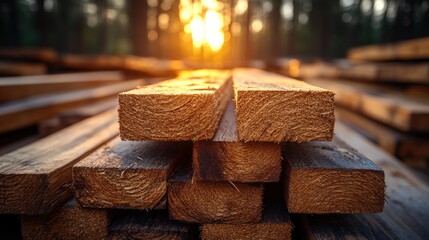 Stacked lumber beams at sunset in forest