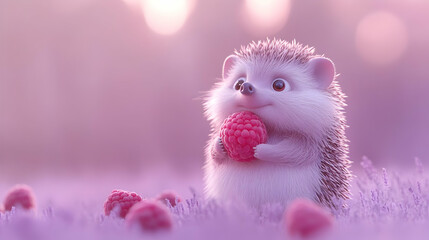 Fototapeta premium A cute hedgehog enjoys a raspberry in a dreamy pink landscape filled with berries and soft grass.