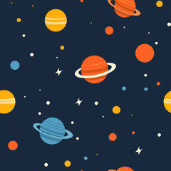 Minimal seamless space illustration. A whimsical cosmic pattern featuring colorful planets and stars on a dark background, evoking a sense of wonder and exploration.