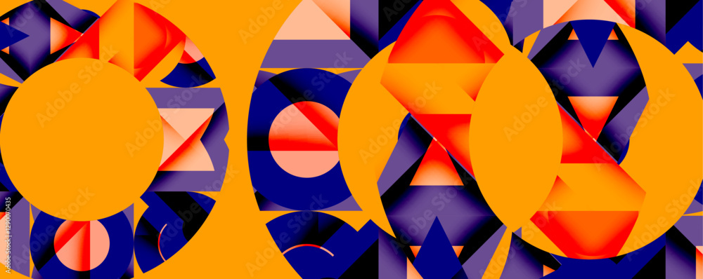 Poster abstract geometric composition with interlocking circular and angular shapes, featuring smooth gradi