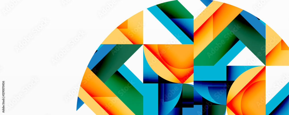 Poster Abstract geometric composition with interlocking circular and angular shapes, featuring smooth gradients and sharp contrasts on a white background