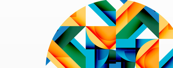 Abstract geometric composition with interlocking circular and angular shapes, featuring smooth gradients and sharp contrasts on a white background