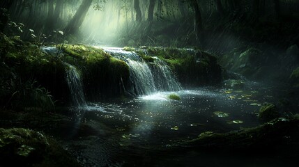 Enchanted Forest Waterfall: Mossy Rocks and Sunlight Streaming Through Dark Green Trees