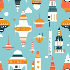 Minimal seamless space illustration. A colorful pattern featuring various retro-style rockets and space-themed elements against a light blue background.