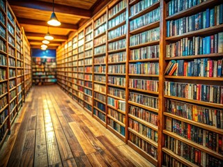 Obraz premium Miniature tilt-shift view of nostalgic film: retro DVDs on wooden shelves, obsolete tech, vintage media storage.