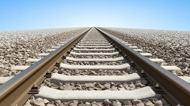 Straight railway tracks vanishing into the horizon under a clear blue sky.