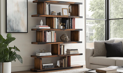 Multi-tier bookrack with wide base and narrow top, showcasing elegant storage and rustic design appeal