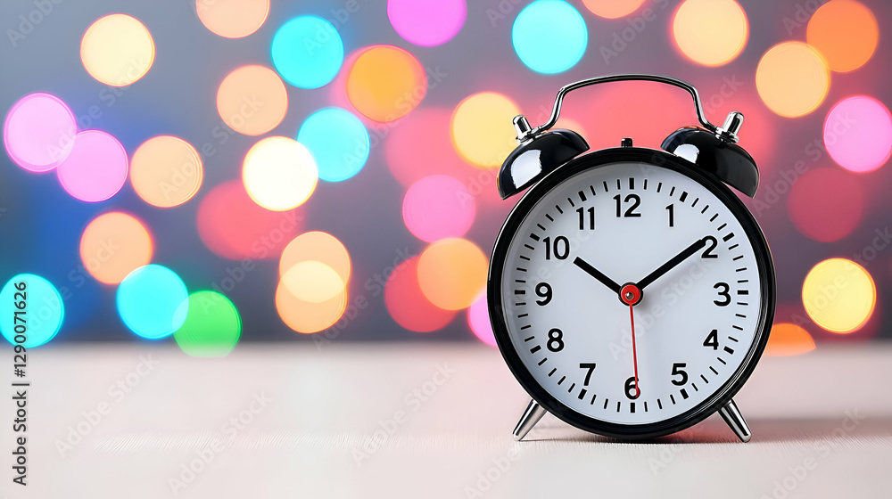Poster black alarm clock on white surface with colorful bokeh background