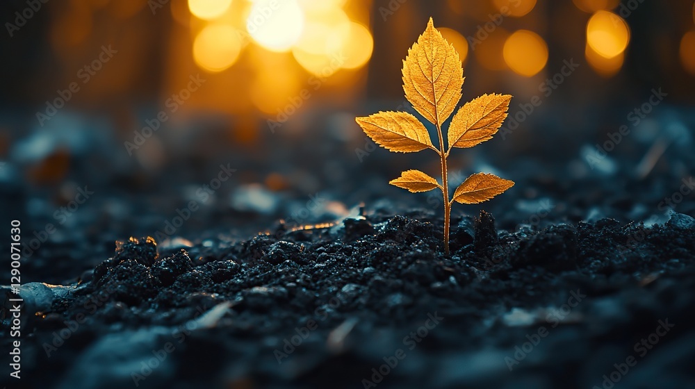 Poster little seedling in the moisty soil bokeh effect in the background