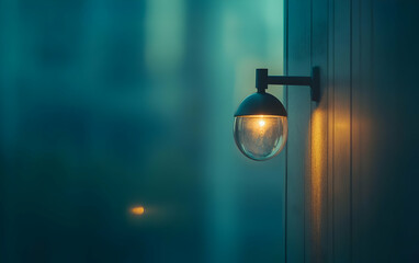 A moody close-up of an elegant wall lamp illuminating a serene space in cool tones.