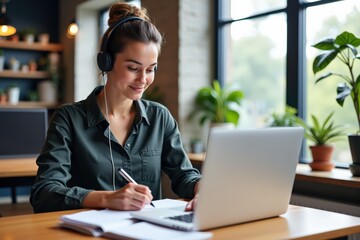 Focused Young Caucasian Woman in Headphones Engaged in Remote Work While Taking Notes on Laptop at Home Office Surrounded by Indoor Plants