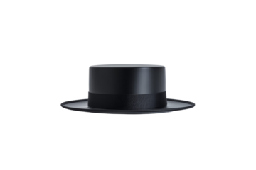 Black hat with a white rim sits on a white background, isolated