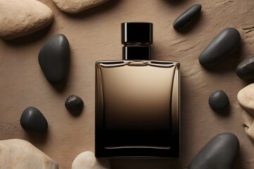 glass bottle of perfume with black cap and transparent luxurious finish with sand and rock background