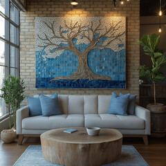 Chic modern living space featuring blue tones, stylish furnishings, and expansive windows for urban living