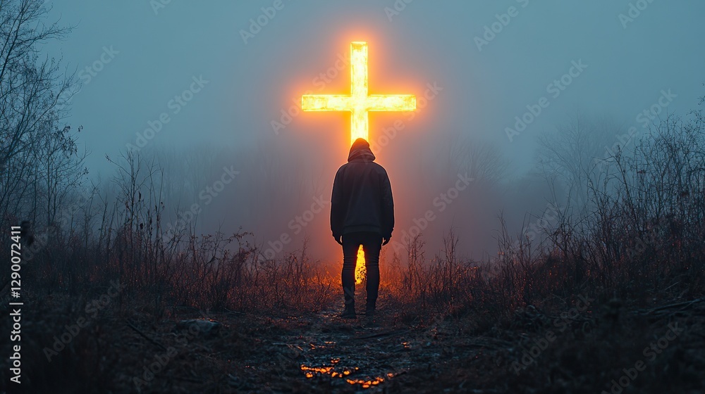 Poster luminous cross with a man standing in front of it dark foggy landscape