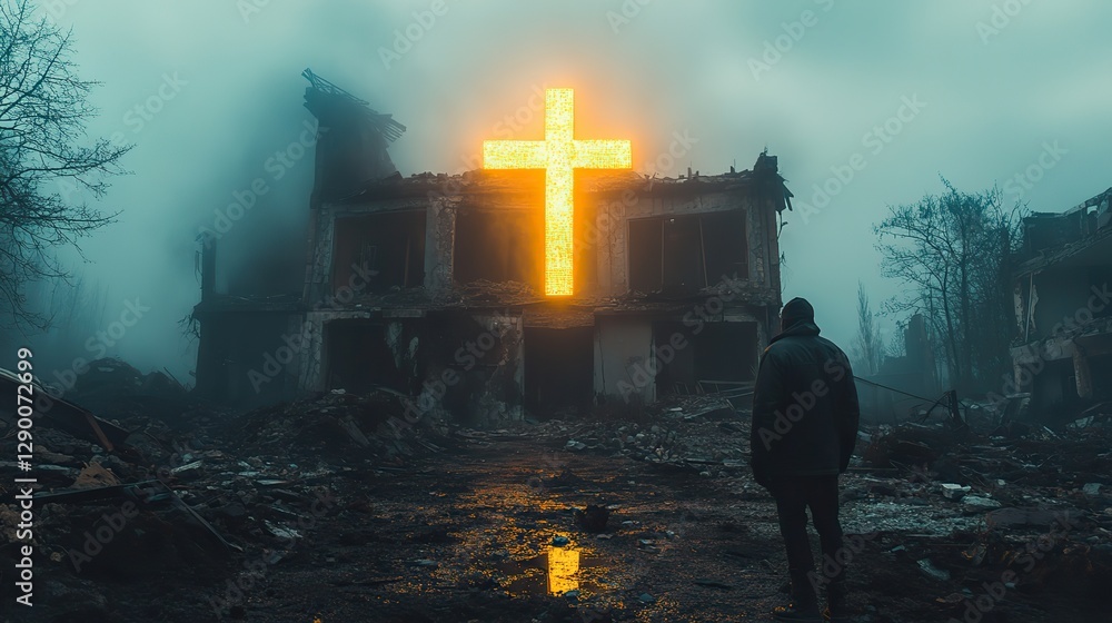 Aufkleber luminous yellow cross on top of a destroyed house silhouette of a man looking at it in the fog