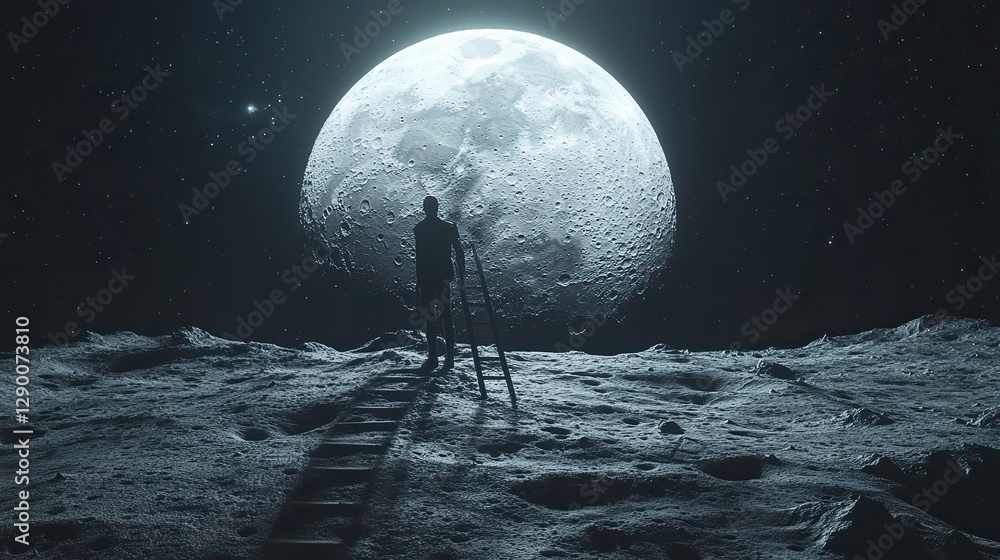 Leinwandbilder man standing on a ladder to reach the moon 3d rendering