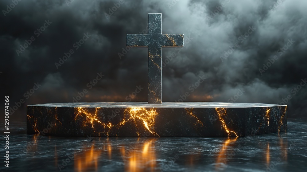 Aufkleber marble cross with marble podium on dark background 3d rendering