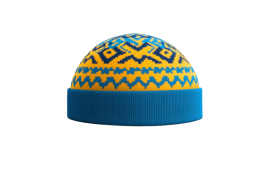 Blue and yellow hat with a pattern on it, isolated