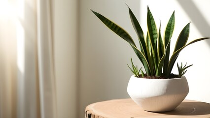 A vibrant and lush snake plant, also known as Sansevieria Trifasciata, sits atop a natural wooden table or shelf, its long, sword-shaped leaves a deep green color with subtle yellow edges, reaching up