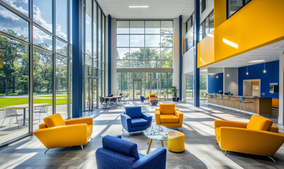 A vibrant office space with large windows and high ceilings, designed to foster creativity and dynamic collaboration.