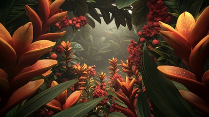 Fototapeta premium Lush Tropical Garden with Red and Orange Flowers