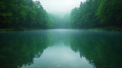 Obraz premium misty reflections foggy misty morning on the lake with reflection of trees