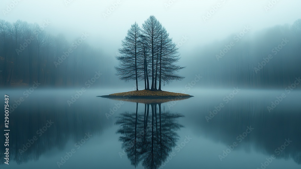 Poster misty reflections reflection of lone island with trees in the lake misty landscape
