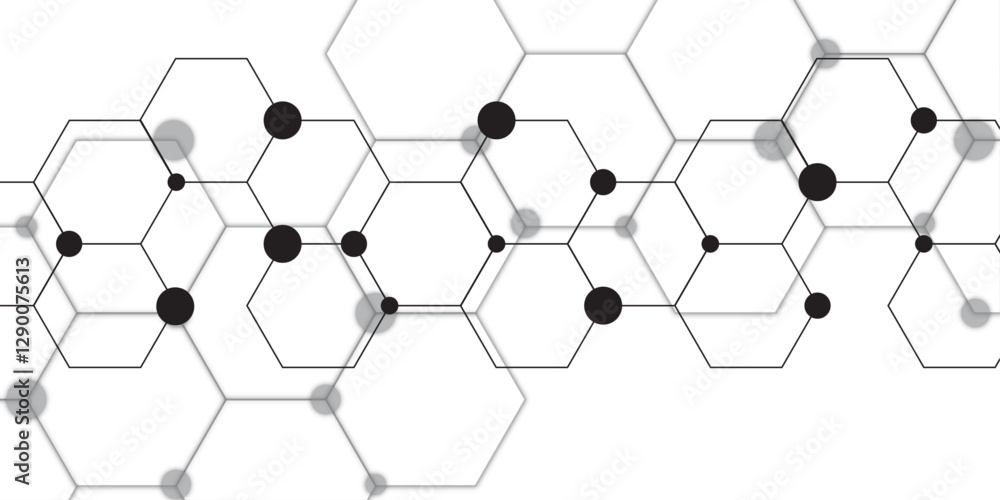 Poster Abstract hexagonal molecules Technology background and science design. Geometric white and gray banner design with hexagons. Schematic diagram of carbon nanotubes. Molecular structure tech.