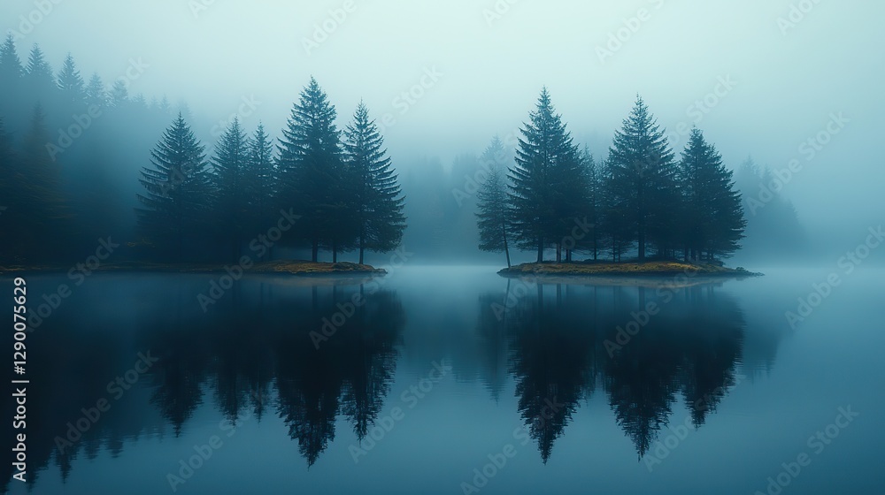 Poster misty reflections reflection of trees in a lake in foggy weather