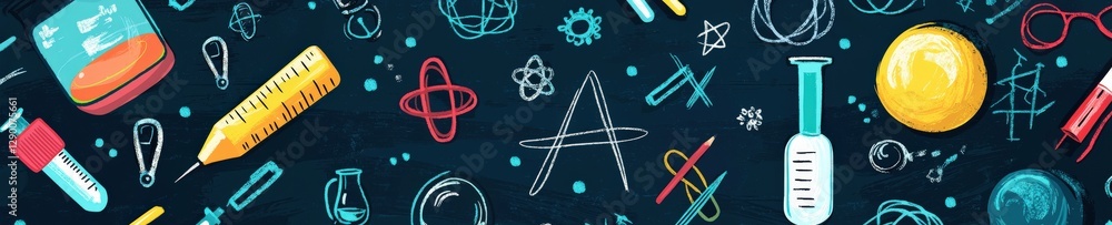 Poster a colorful poster with various science symbols and objects