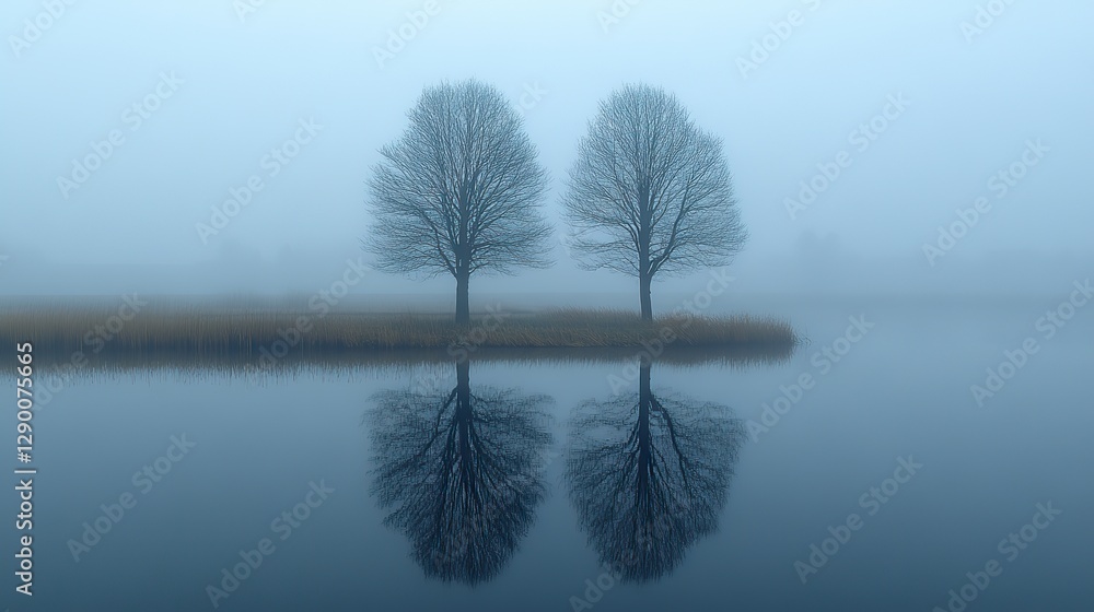 Poster misty reflections two trees reflecting in a lake in a foggy misty morning
