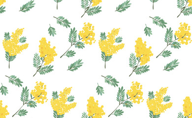 ミモザのシームレスパターン　可愛い黄色い花
