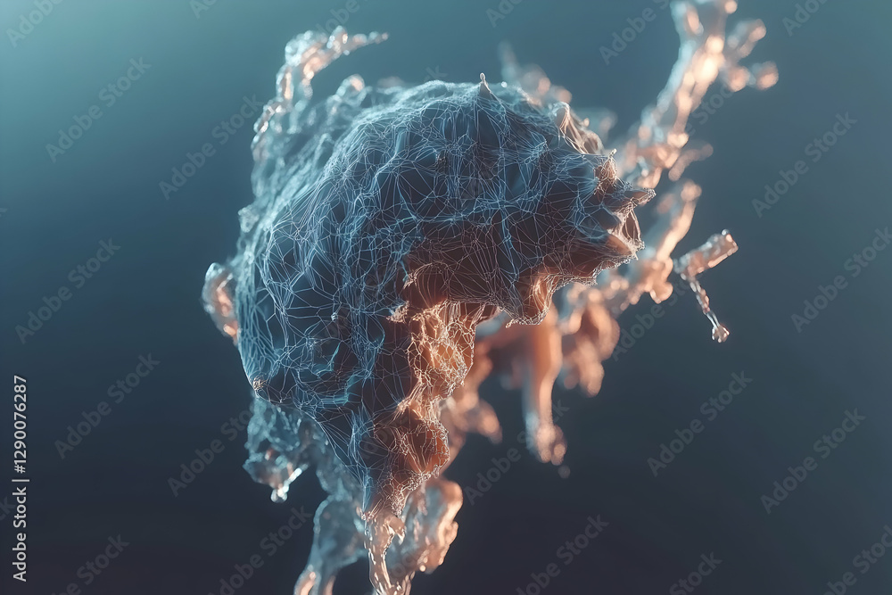 Poster abstract digital art depicting a network structure resembling a fluid, organic form with glowing lin