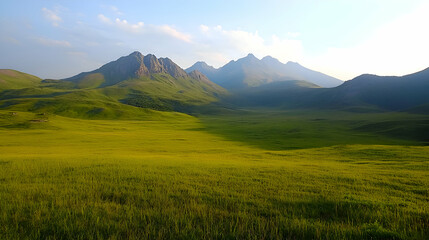 Vast Green Field with Rolling Hills and Mountains under a Sunny Sky