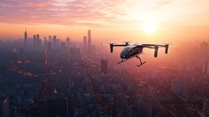 Electric air taxis gliding over a sprawling city at sunset. Featuring clean transport technology and sustainable energy solutions