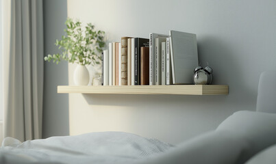 Floating minimalist bookrack holding only a few books offers elegant modern storage and artistic display