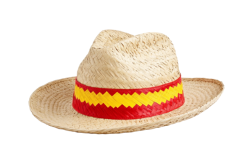 Straw hat with a red and yellow band, isolated