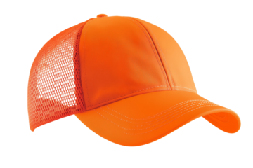 Bright orange baseball cap with a mesh design, isolated