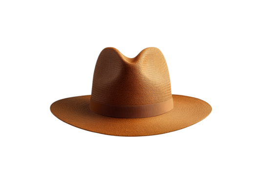Brown straw hat with a ribbon around the base, isolated