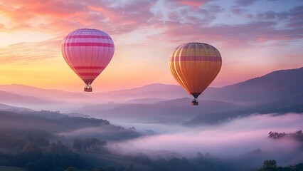 Fototapeta premium Multicolored balloons flying over misty mountains at sunset. Colorful hot air balloons on blue sky with clouds. Cinematic. Generated AI.