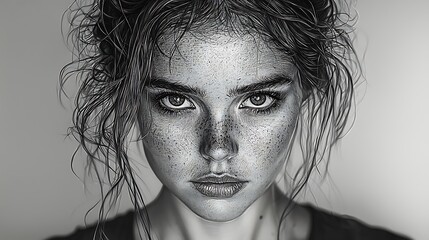 Captivating portrait of a freckled young woman studio setting black and white photography close-up emotional expression